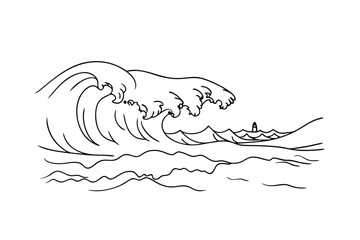 Monochromatic Line Art Drawing of a Large Ocean Wave
