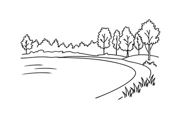 Serene Lakeside Landscape Sketch Trees, Path, Nature Drawing