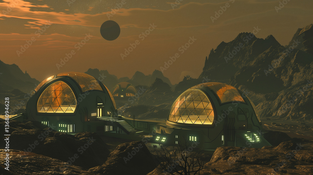 Poster this futuristic asteroid mining facility is busy extracting regolith under a cloudy sky.