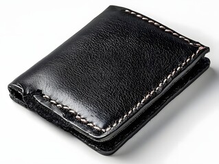 Stylish Black Leather Wallet with Visible Stitching on White Background