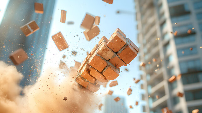 Falling bricks from a tall building, captured in mid-air