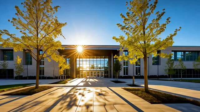 Modern school building with trees and sunburst lighting over clean paved entrance
