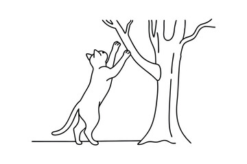 Elegant Line Art Cat Scratching Tree Bark Outdoors