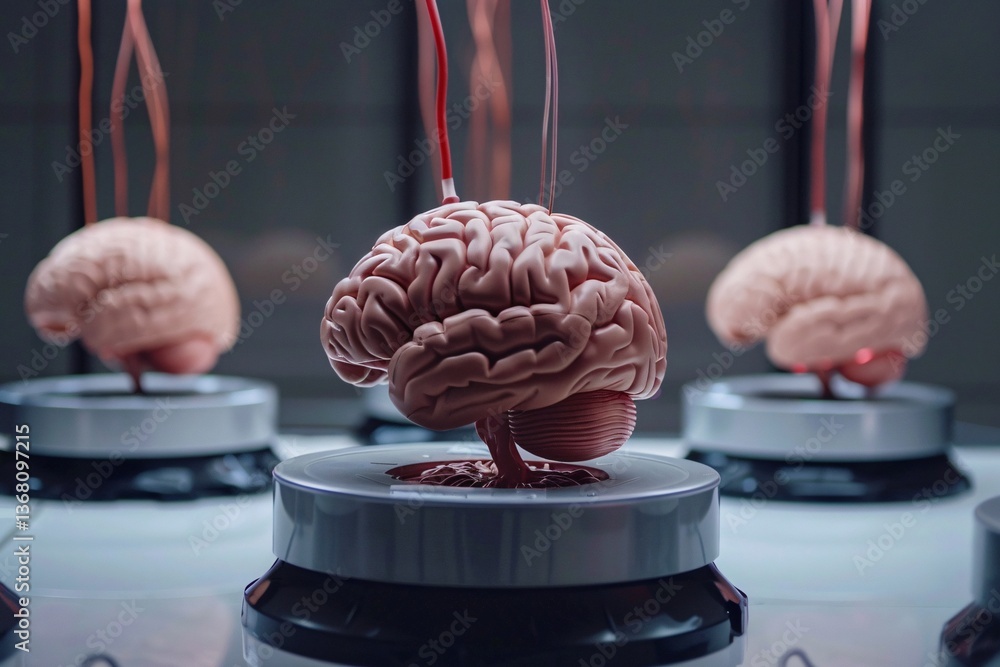 Poster Science laboratory is experimenting on a model human brain connected to a computer