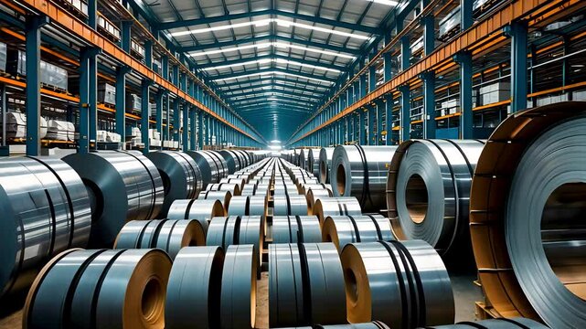 Large steel coils arranged in rows inside modern metal processing warehouse
