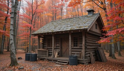 Rustic Log Cabin in Autumn Forest