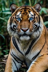 Fototapeta premium A powerful close-up of a Bengal tiger with piercing blue eyes, gazing intensely at the camera, set against a lush jungle backdrop. Perfect for wildlife and nature themes.