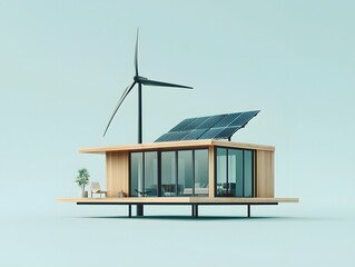 Tiny Sustainable Wooden House with Solar Panels and Wind Turbine for Off Grid Living