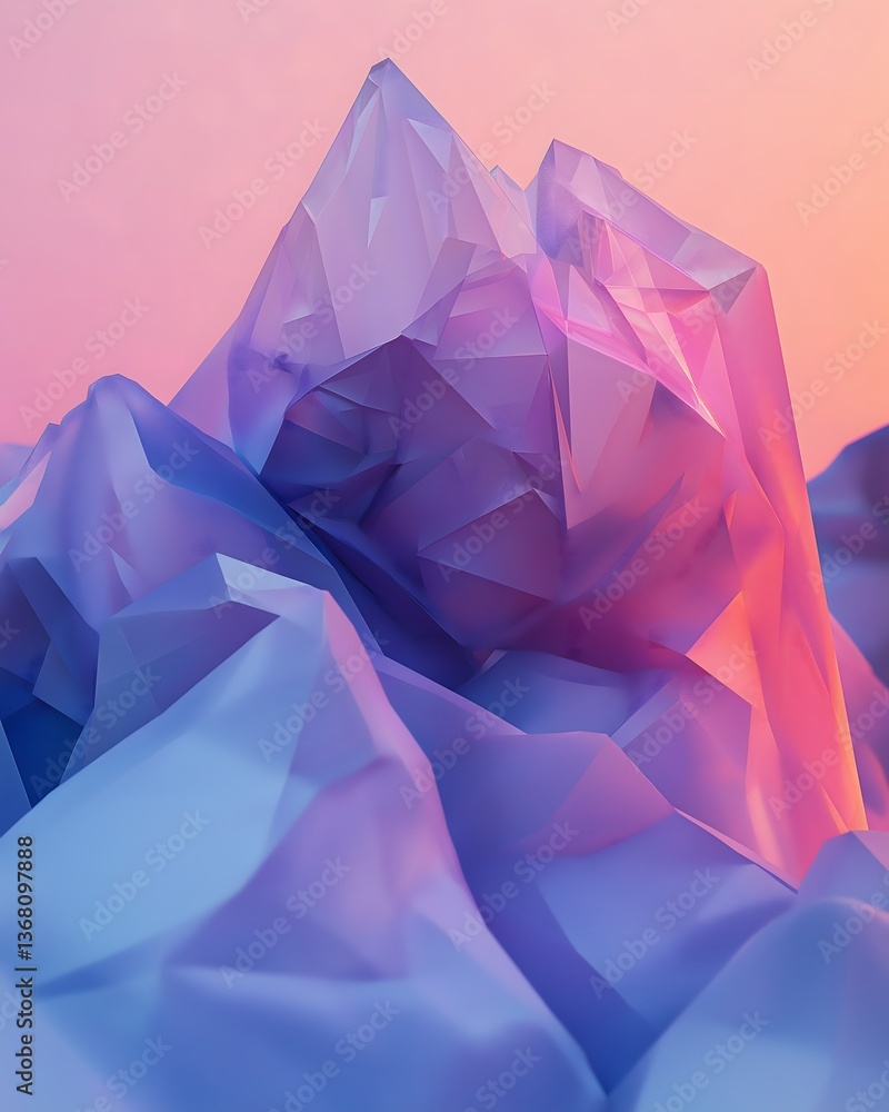 Poster abstract polygonal mountain range with pink and blue gradients, 3d render