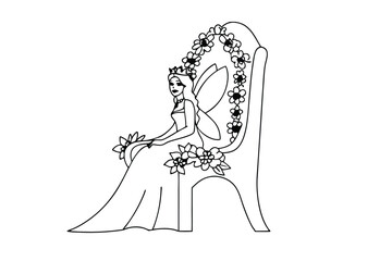 Elegant Fairy Queen Enthroned, Floral Adornments, Line Art Drawing