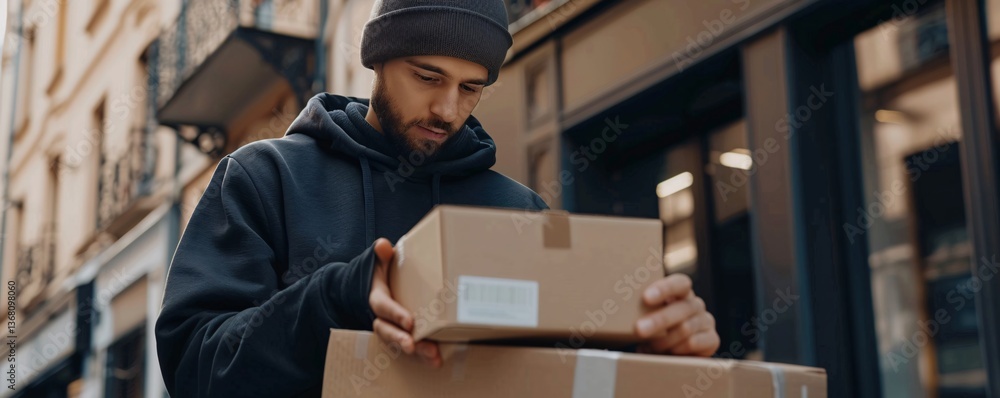 Poster delivery person in a black beanie and hoodie is holding cardboard boxes while checking the address