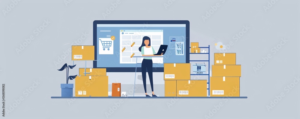 Poster Using a laptop, a store manager is handling online orders and inventory