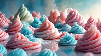 Colorful pink and blue whipped meringue swirls arranged on glossy display surface
- Powered by Adobe