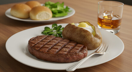 Steak Dinner with Baked Potatoes and Rolls