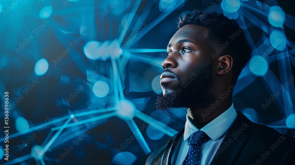 Poster Confident businessman looks to the future with abstract network of connections in the background