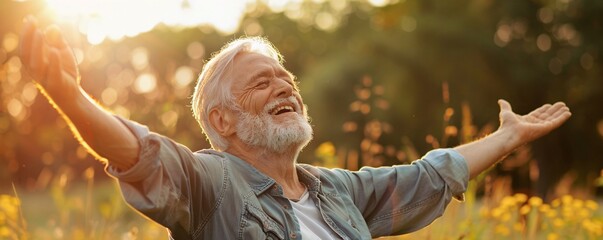 Happy senior farmer standing in his field with open arms, enjoying the sunset and freedom