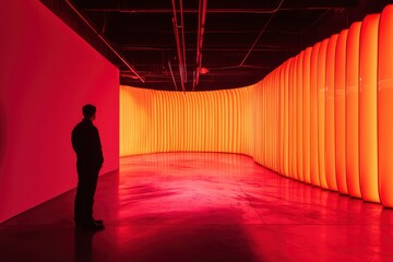 Fototapeta premium Silhouette stands in a space filled with orange light. Vertical stripes glow warmly against wall
