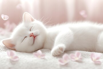 A fluffy white kitten peacefully sleeping with soft pink flowers present