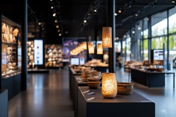 A beautifully arranged showcase of handcrafted wooden artifacts, highlighting the intricate designs and textures, set against a stylish backdrop in a contemporary gallery.