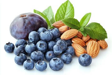 Fresh berries, nuts, and herbs on white background. AI generative