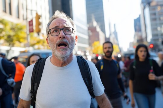 A startled man in a bustling city street, capturing a spontaneous moment that reflects the vibrancy and chaos of urban life and human emotions.
