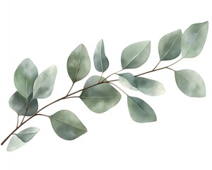 Watercolor Eucalyptus Branch with Green Leaves on a White Background