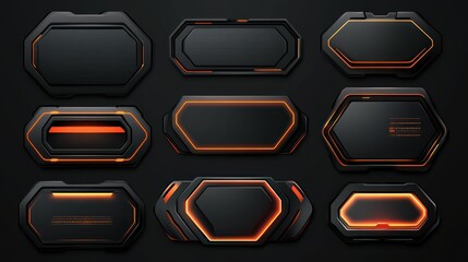 Futuristic user interface elements with black frames and neon orange details.