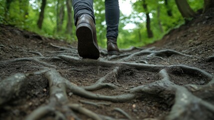 Fototapeta premium Person Walking on Path Surrounded by Tree Roots in Forest