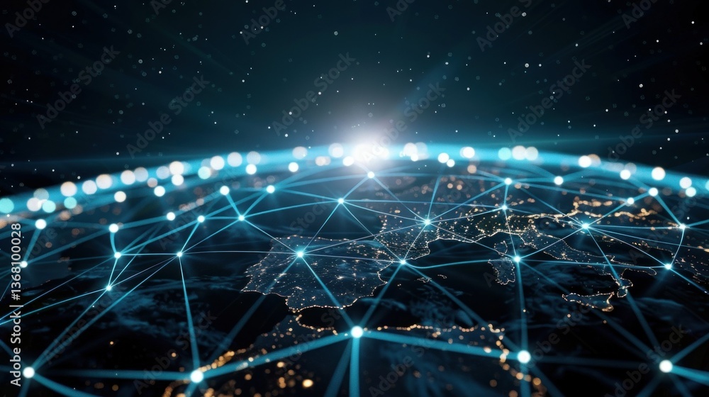 Poster global digital network with interconnected continents.