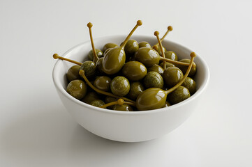 Marinated capers in a white bowl on a white background