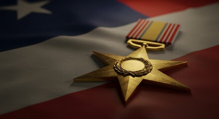 A highly detailed 3D-rendered golden star medal resting on a neatly folded flag, symbolizing honor and remembrance