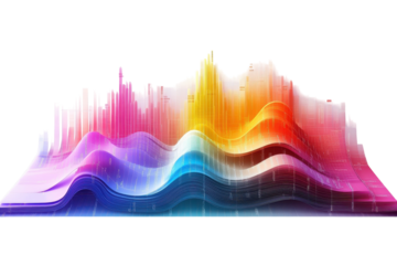 Vibrant cityscape rising from data waves, a colorful representation of urban growth and technological advancement with dynamic curves and bright hues.