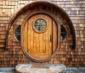 Unique Round Wooden Door with Circular Windows and Shingle Exterior