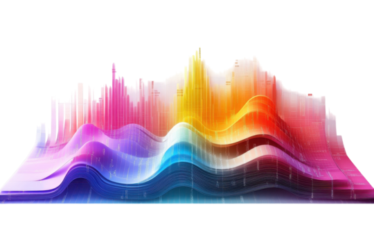Vibrant cityscape rising from data waves, a colorful representation of urban growth and technological advancement with dynamic curves and bright hues.