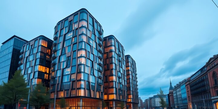 Modern organic facade of Axel Towers, Copenhagen, Denmark Ample empty space, lines, pattern
