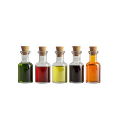 A row of glass bottles containing various colored liquids, each sealed with a cork stopper.