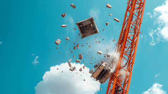 Construction crane accident, heavy machinery pieces falling from extreme height