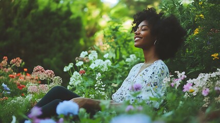 Happy woman relaxing in a colorful flower garden.
