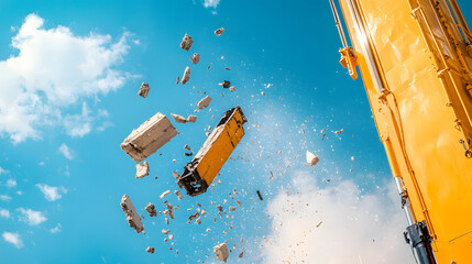 Construction crane accident, heavy machinery pieces falling from extreme height