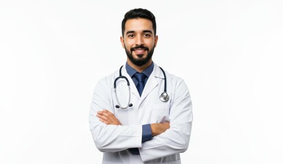 Middle-Eastern male physician in white lab coat with stethoscope smiling confidently. Represents medical professionalism.