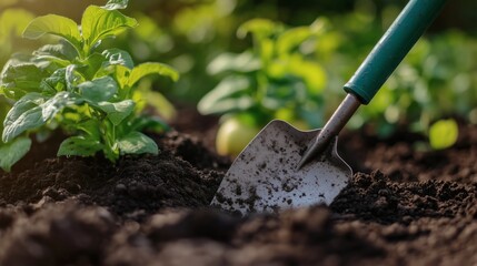 Shovel digging soil next to potato plant in cultivated field during a sunny day