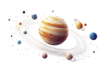 A majestic gas giant, swirling with vibrant hues, dominates a vibrant solar system, orbited by colorful planets and shimmering rings on a white background.