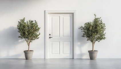 Fototapeta premium Minimalist Interior Design With White Door and Olive Trees