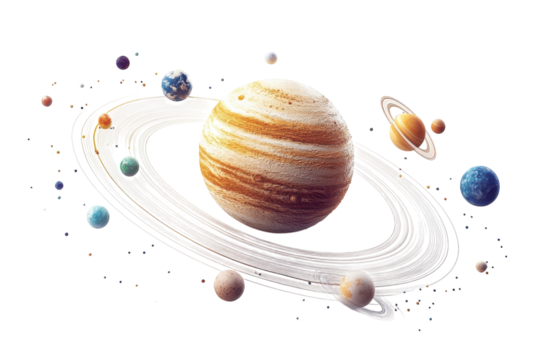 A majestic gas giant, swirling with vibrant hues, dominates a vibrant solar system, orbited by colorful planets and shimmering rings on a white background.