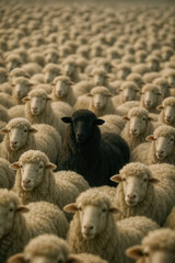 Obraz premium A black sheep standing in a group of white sheep