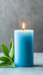 Lit blue candle with green leaves on a gray surface