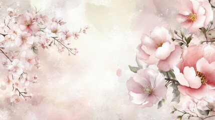 Elegant pastel floral background with watercolor peonies and cherry blossoms.