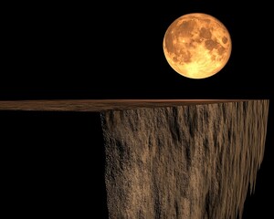 A large illuminated moon above a dramatic cliff edge at night