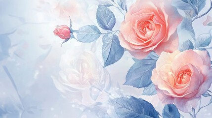 Elegant pastel floral pattern with watercolor roses and delicate leaves.