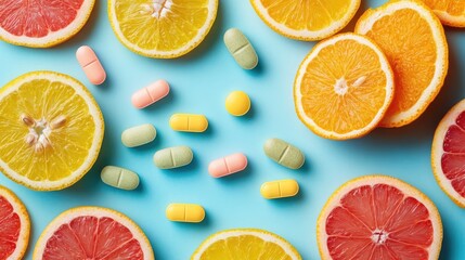 Colorful Fruits and Vitamins on a Bright Blue Background